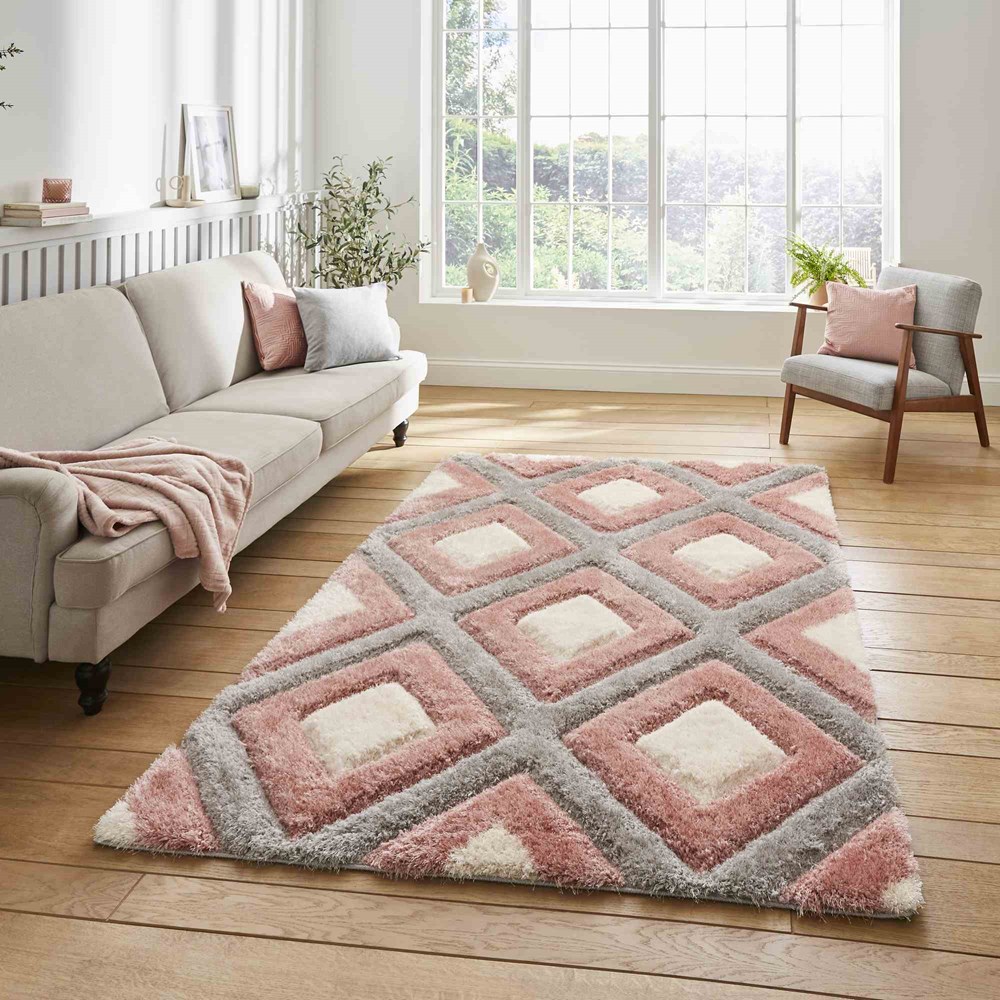 Olympia GR224 Modern Geometric Shaggy Rugs in Grey Pink